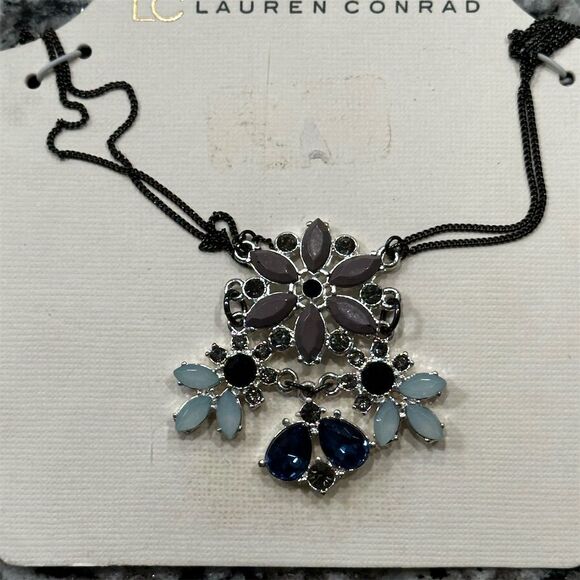 LC Lauren Conrad Floral Crystal Pendant Necklace Multicolor Blue Stone Delicate - Picture 1 of 4